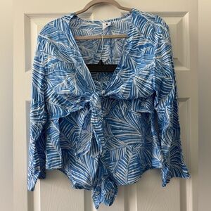 Blue and White Palm-Print Tie-Front Summer Set